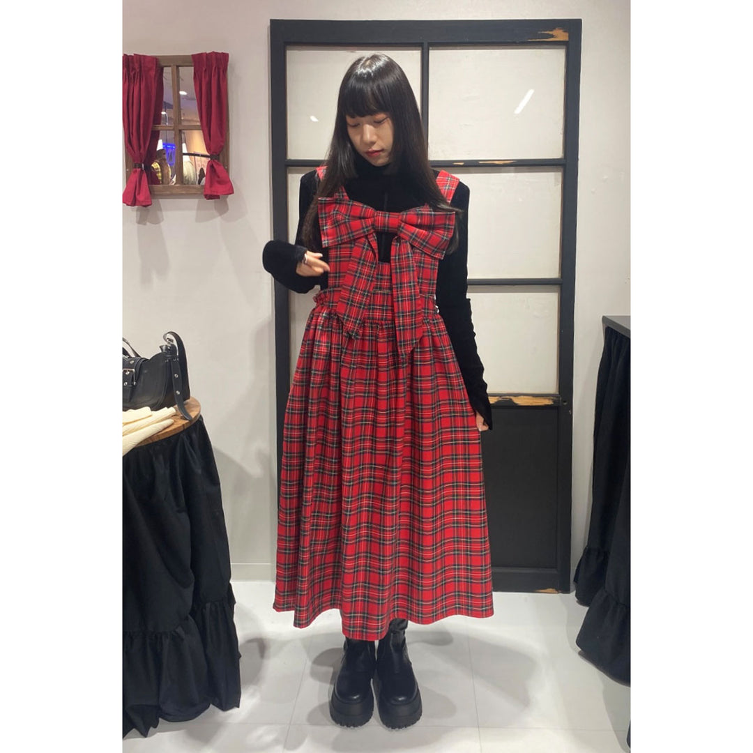 Front ribbon sleeveless onepiece (Beige Check) ¥8,980 / ¥9,480