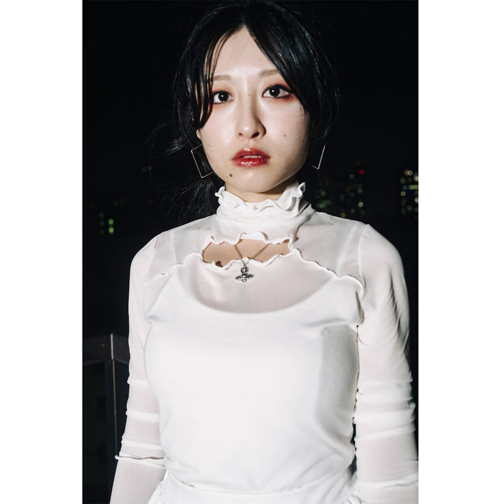 High-neck Revealing Sheer Long Sleeve Tops