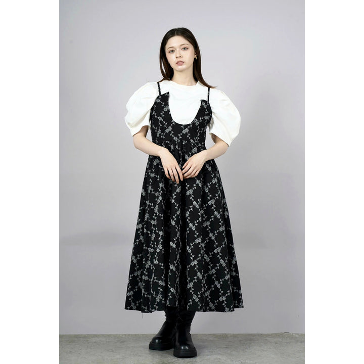 Tuck Puff Sleeve T-shirt & Cut Out Flower Camisole Onepiece