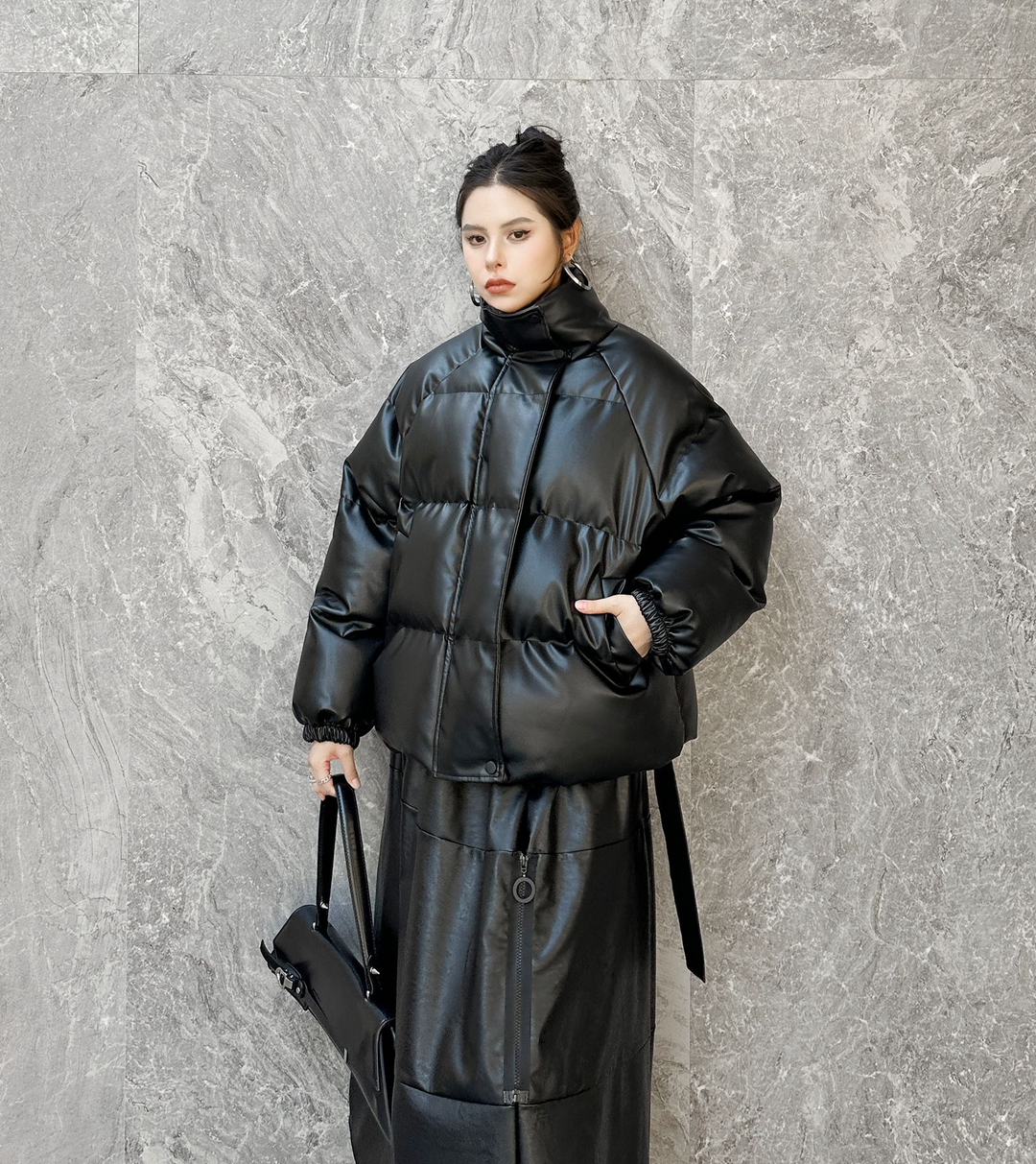 PU leather stand collar padded short volume down jacket