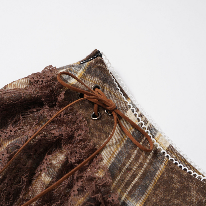 Plaid Asymmetry Lace Ribbon Mini Skirt
