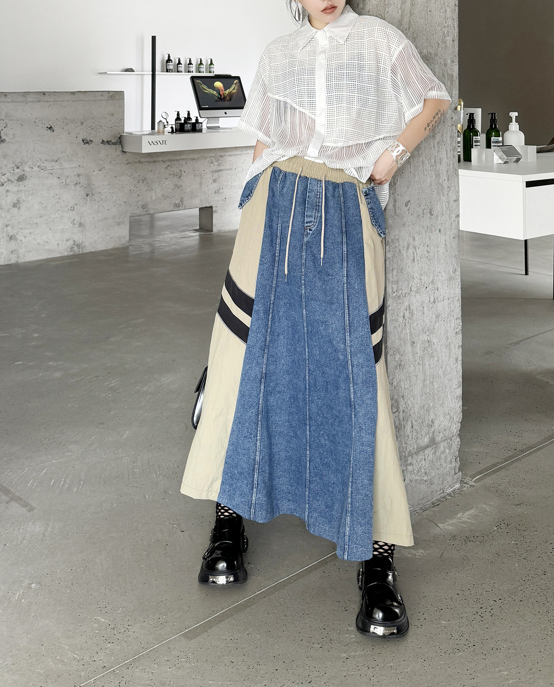 Contrast color stitching two line denim A-line skirt