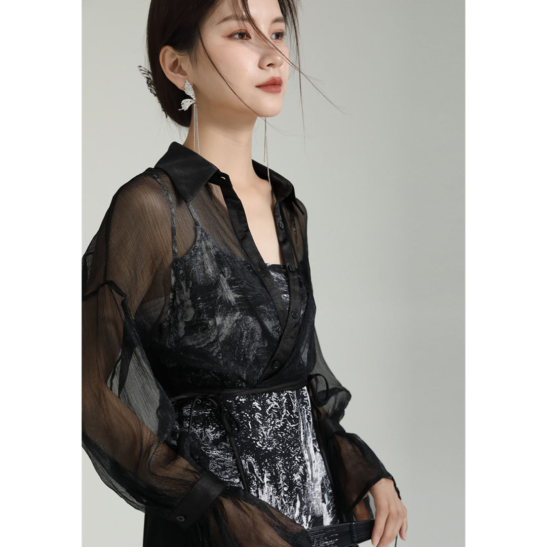 Shirring Sleeve Seer Shirt & Asymmetry Flare Print Camisole Onepiece ¥6,480 / ¥8,980