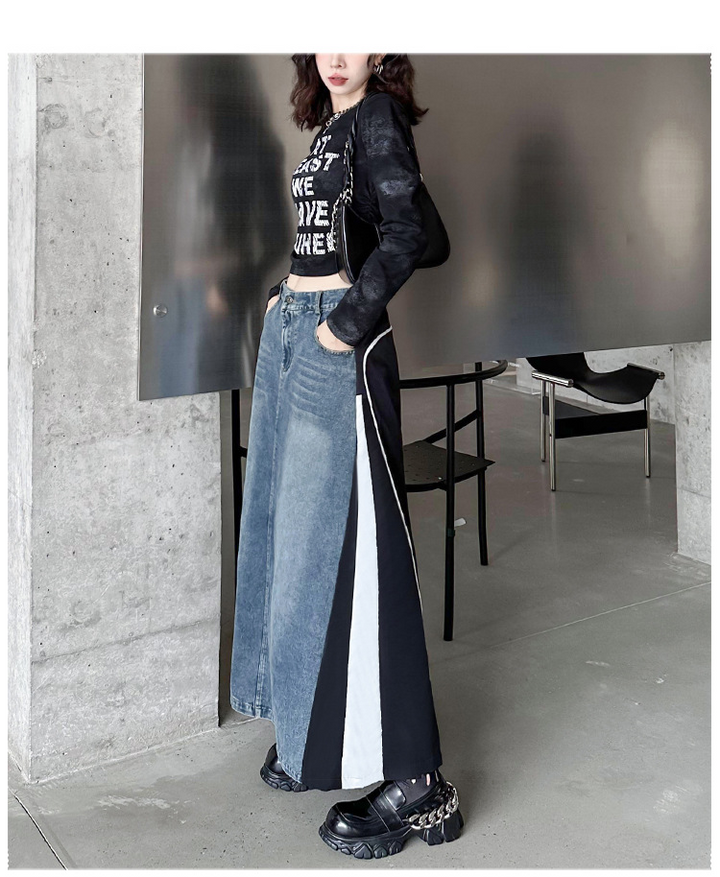 Washed patchwork denim side skirt