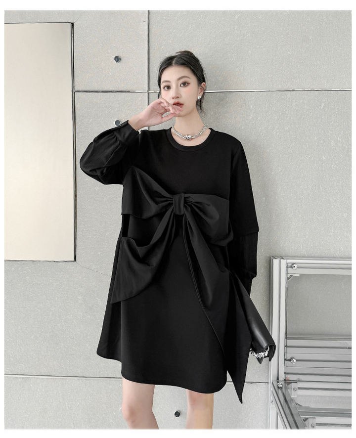 Ribbon black pullover onepiece