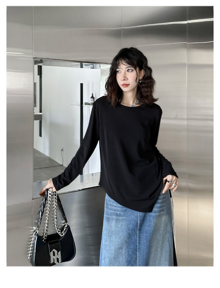 Basic asymmetrical round neck long sleeve t-shirt