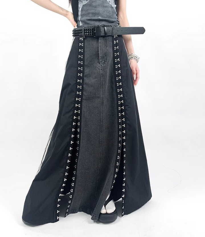Side line hook denim A-line skirt