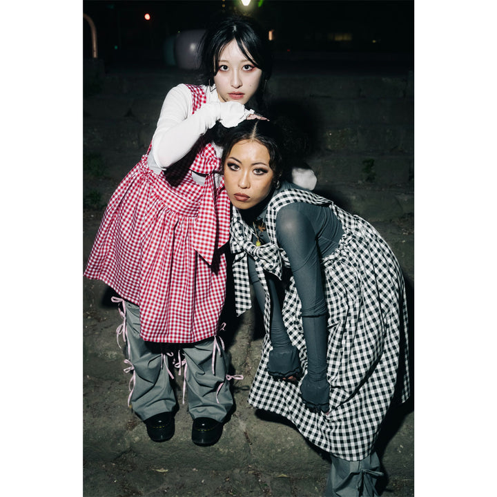 Front ribbon sleeveless onepiece (Beige Check) ¥8,980 / ¥9,480