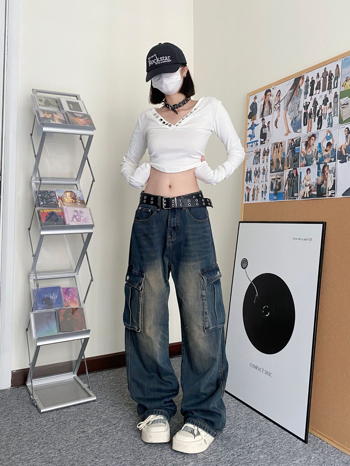 Cargo pants multi-pocket loose straight jeans
