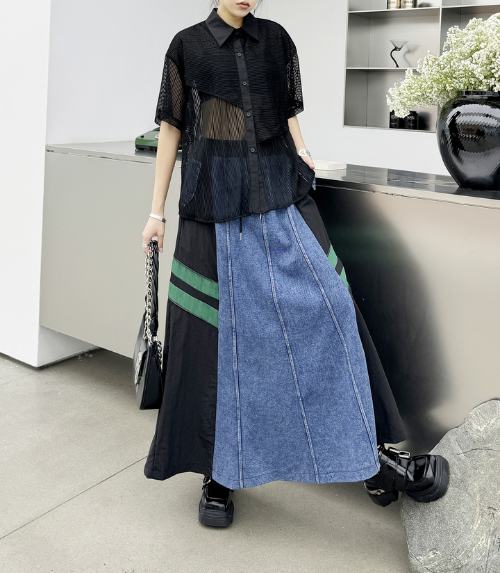 Contrast color stitching two line denim A-line skirt