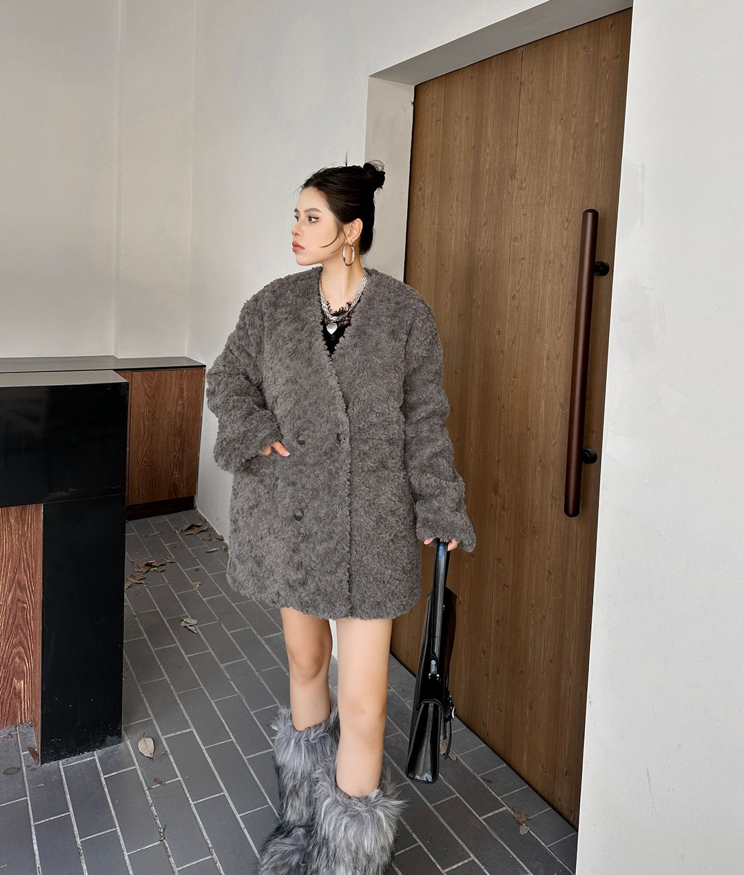 Oversized no-collar fur coat