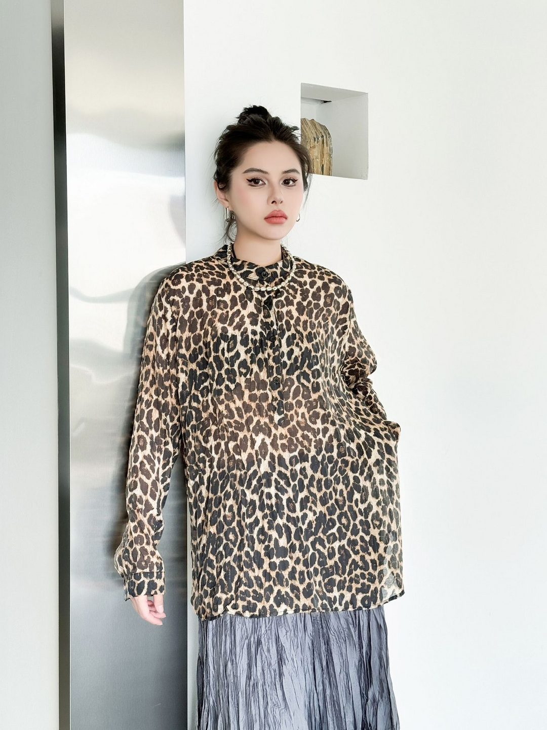 Leopard Print Stand Collar Shirt