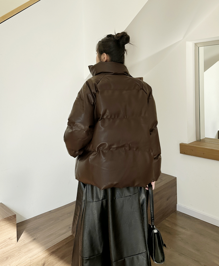 PU leather stand collar padded short volume down jacket