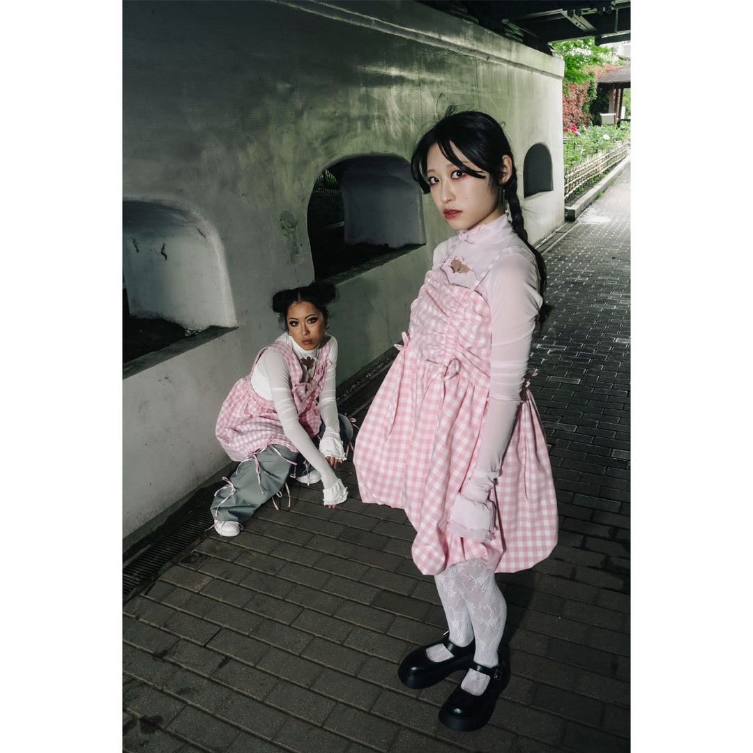 Front ribbon sleeveless onepiece (Beige Check) ¥8,980 / ¥9,480