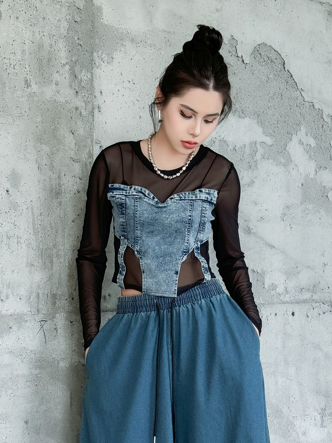 Mesh Denim Long Sleeve Tops