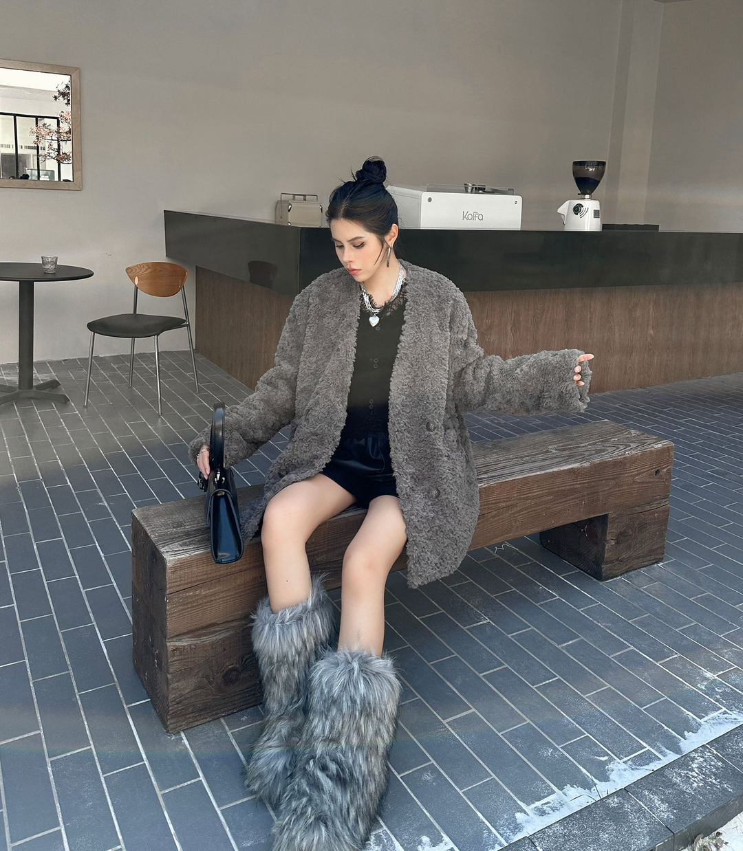 Oversized no-collar fur coat