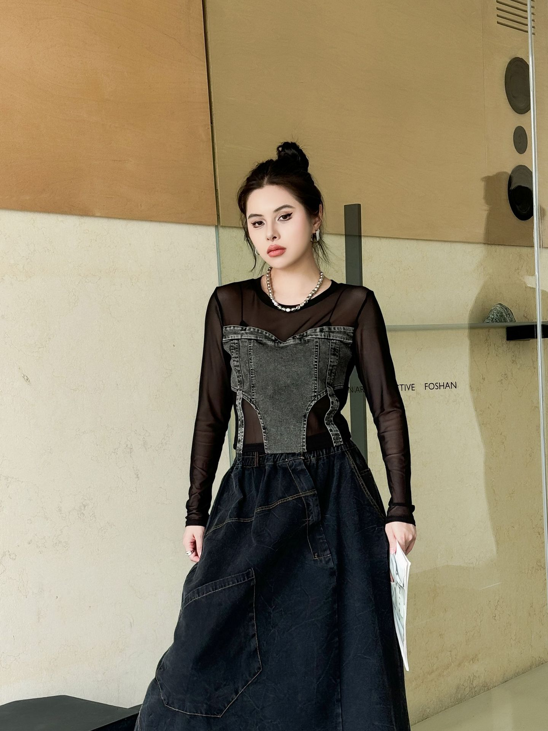 Mesh Denim Long Sleeve Tops