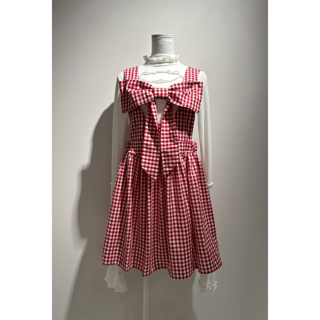 Front ribbon sleeveless onepiece (Beige Check) ¥8,980 / ¥9,480