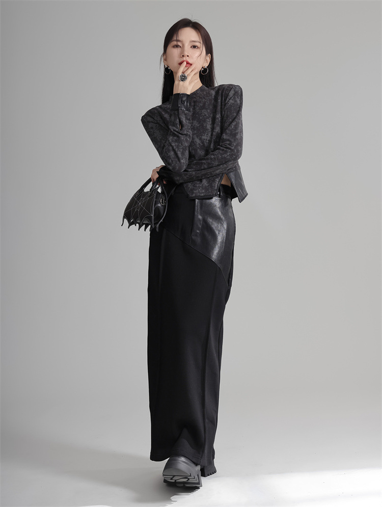 Design Patchwork PU Leather A-line Fleece Skirt