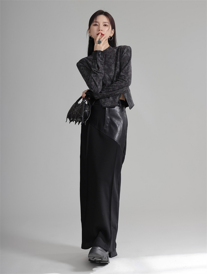 Design Patchwork PU Leather A-line Fleece Skirt