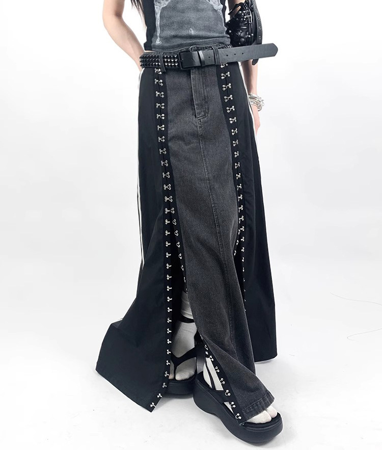 Side line hook denim A-line skirt