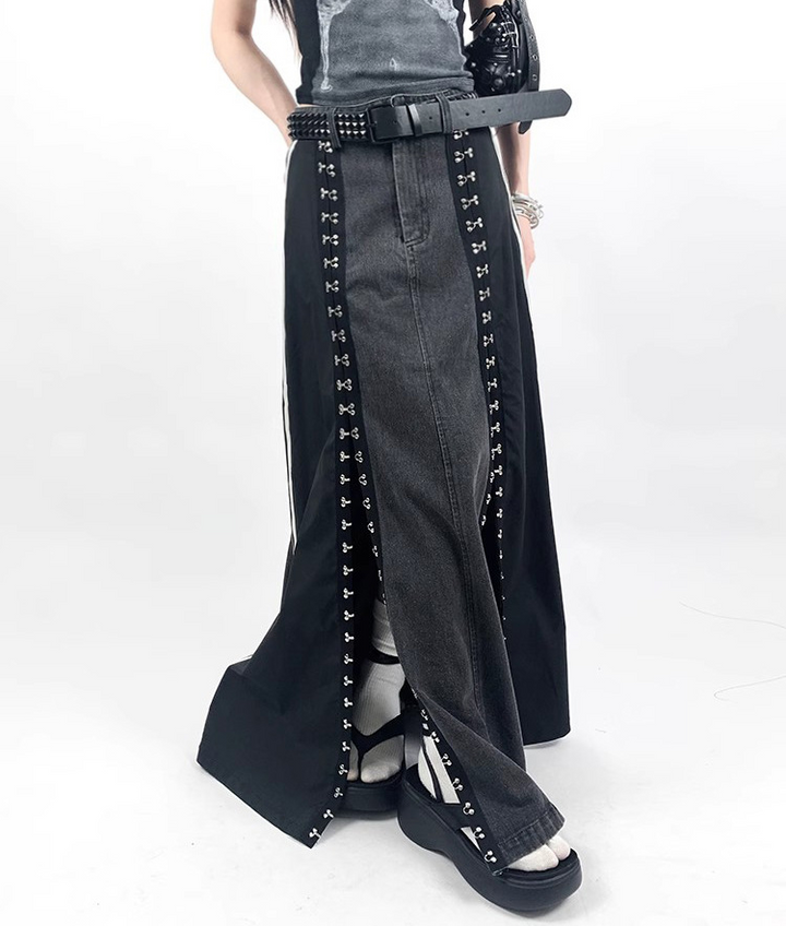 Side line hook denim A-line skirt