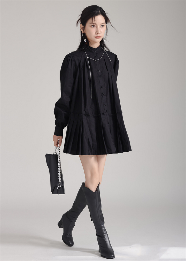 Stand Collar Pleats Long Shirt