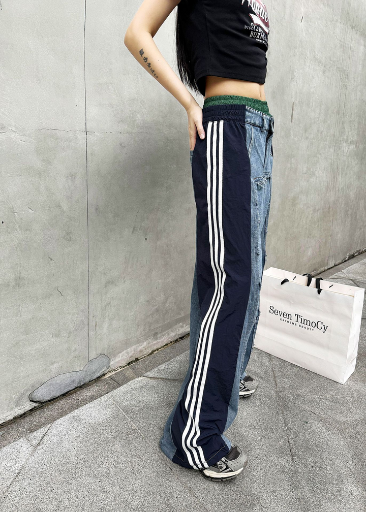 Color contrast stitching cuffed high waist jeans