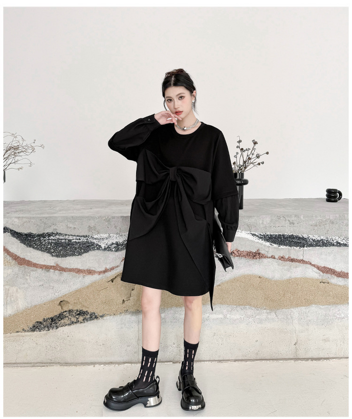 Ribbon black pullover onepiece