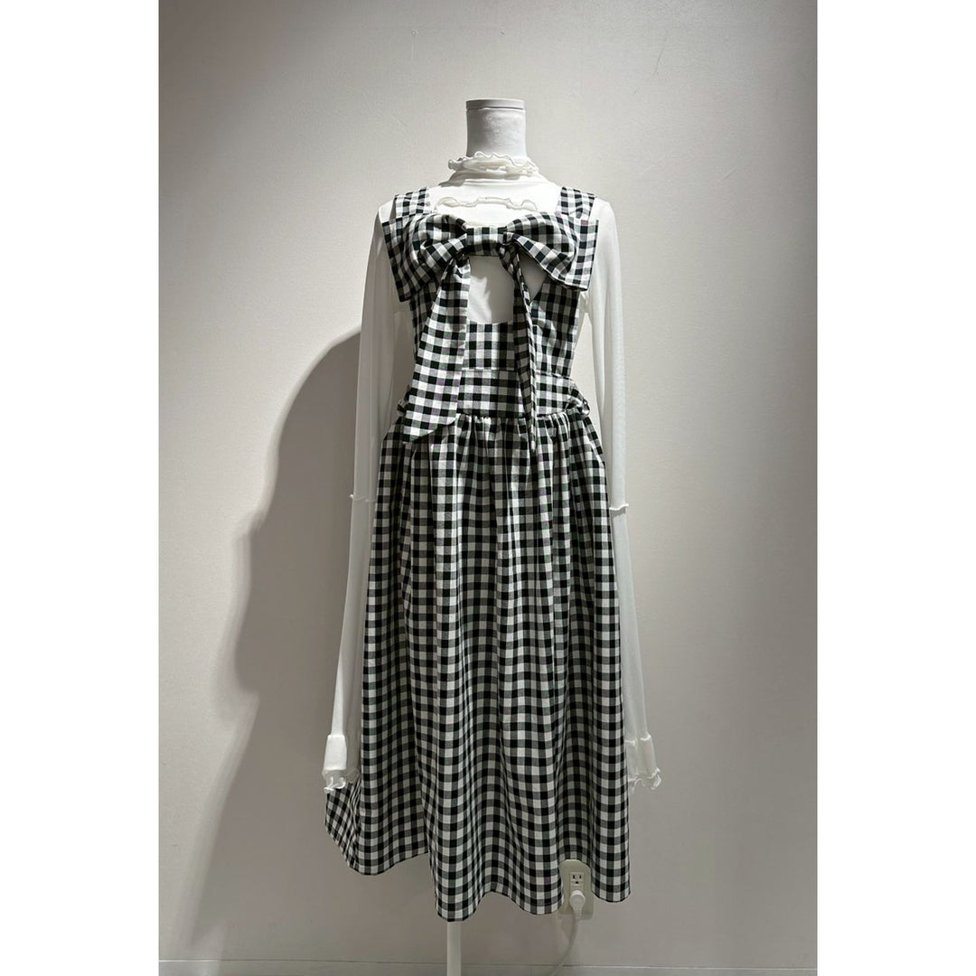 Front ribbon sleeveless onepiece (Beige Check) ¥8,980 / ¥9,480