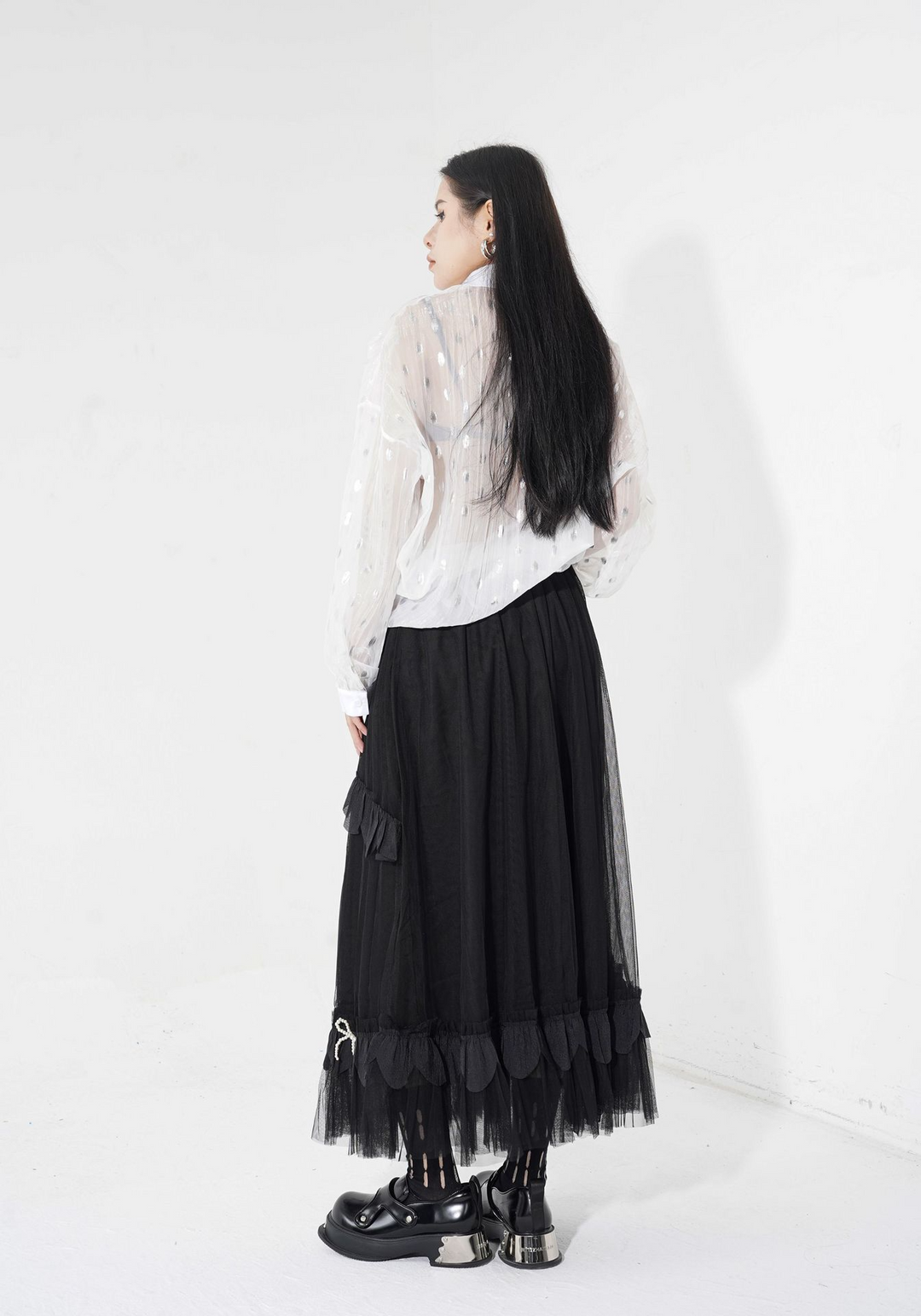 Layered tulle ribbon long skirt