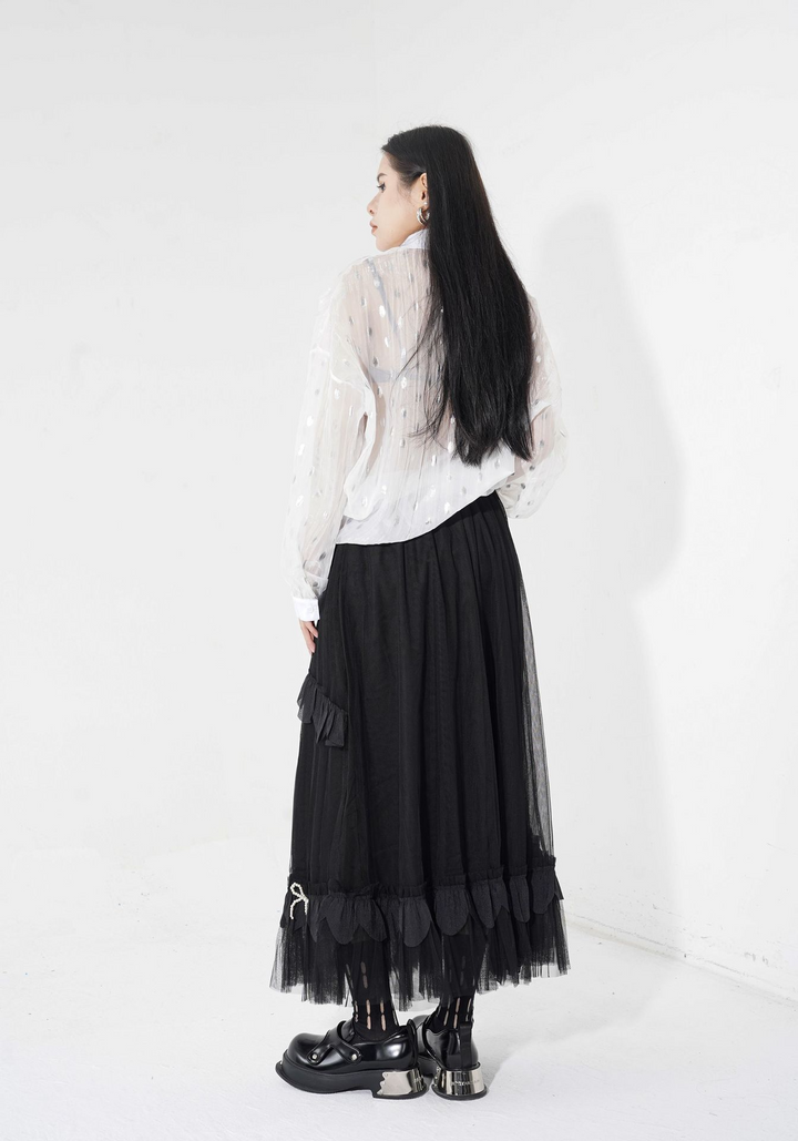 Layered tulle ribbon long skirt
