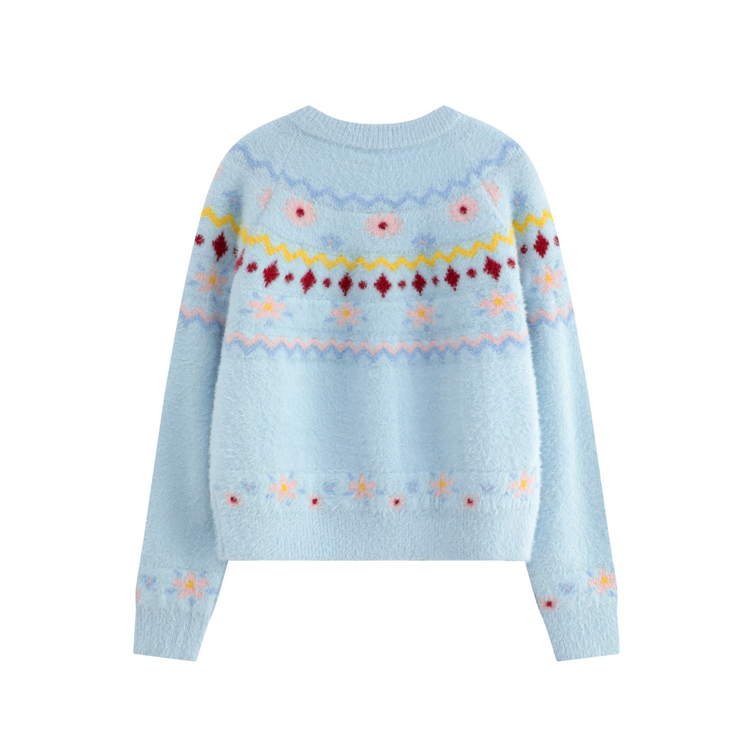 Pattern design crew neck knit cardigan