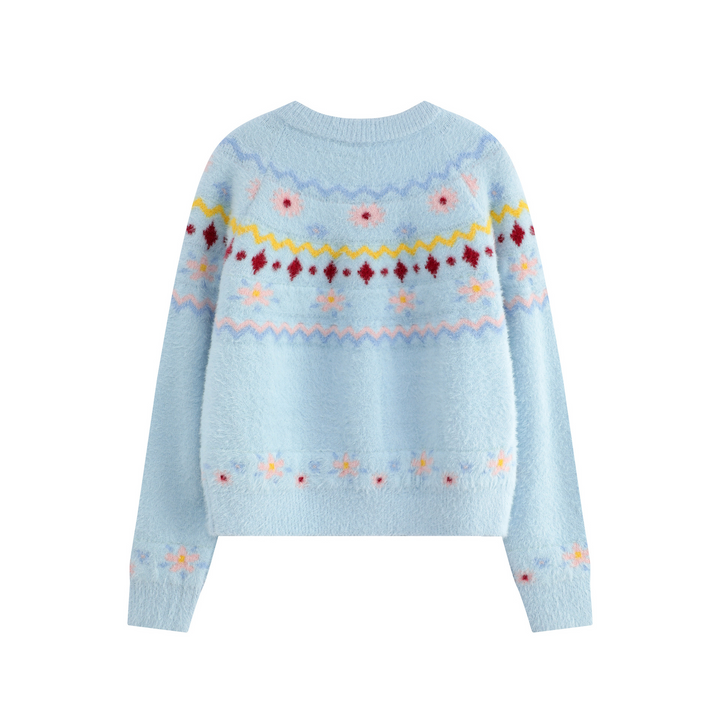 Pattern design crew neck knit cardigan