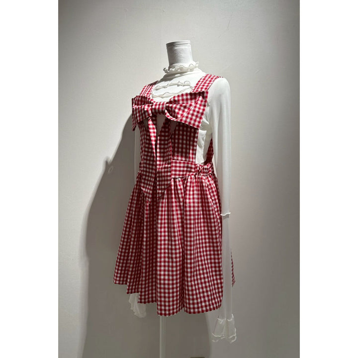 Front ribbon sleeveless onepiece (Beige Check) ¥8,980 / ¥9,480