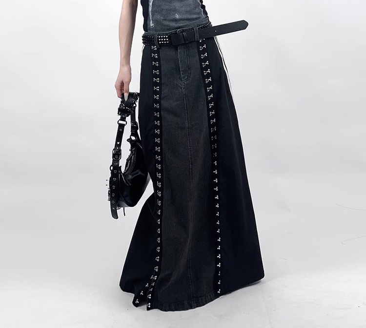 Side line hook denim A-line skirt