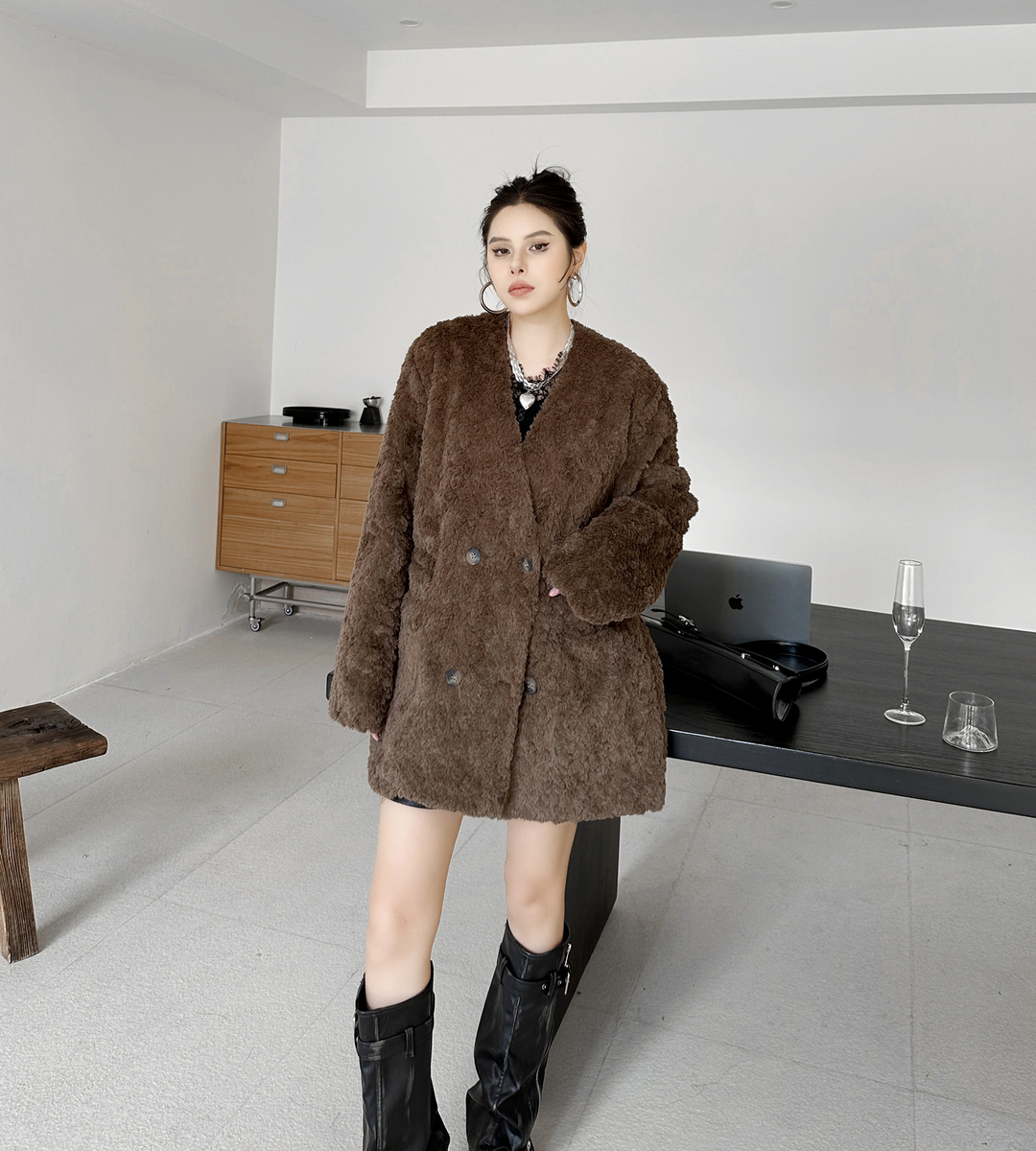 Oversized no-collar fur coat
