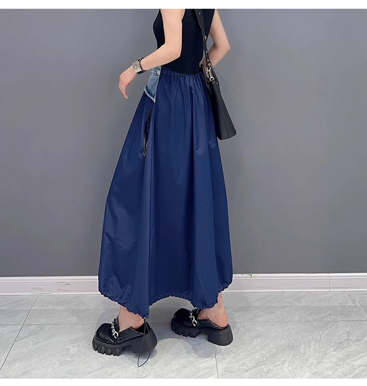 Contrast color switching denim flare skirt