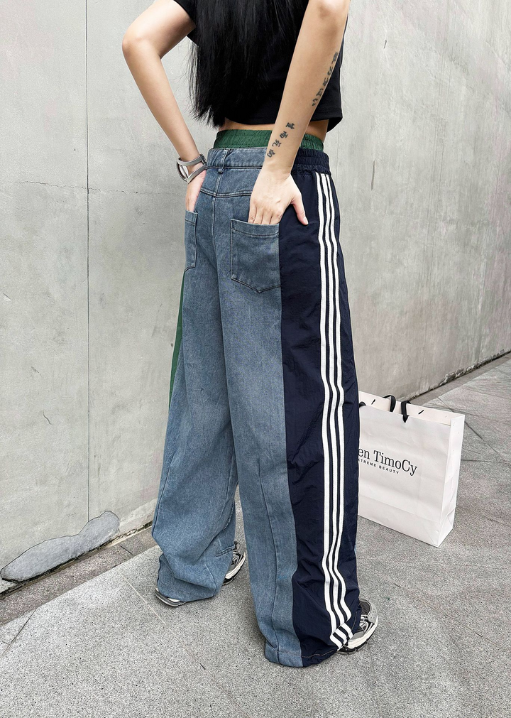 Color contrast stitching cuffed high waist jeans