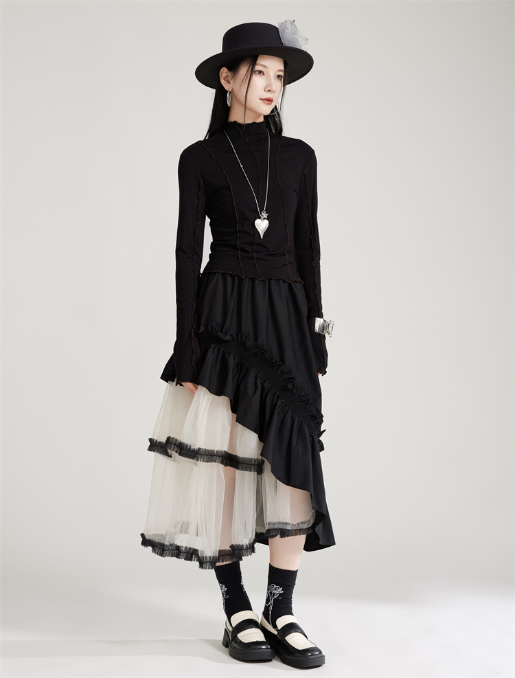 Black slim high neck long sleeve t-shirt