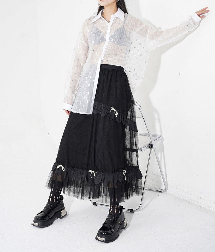 Layered tulle ribbon long skirt