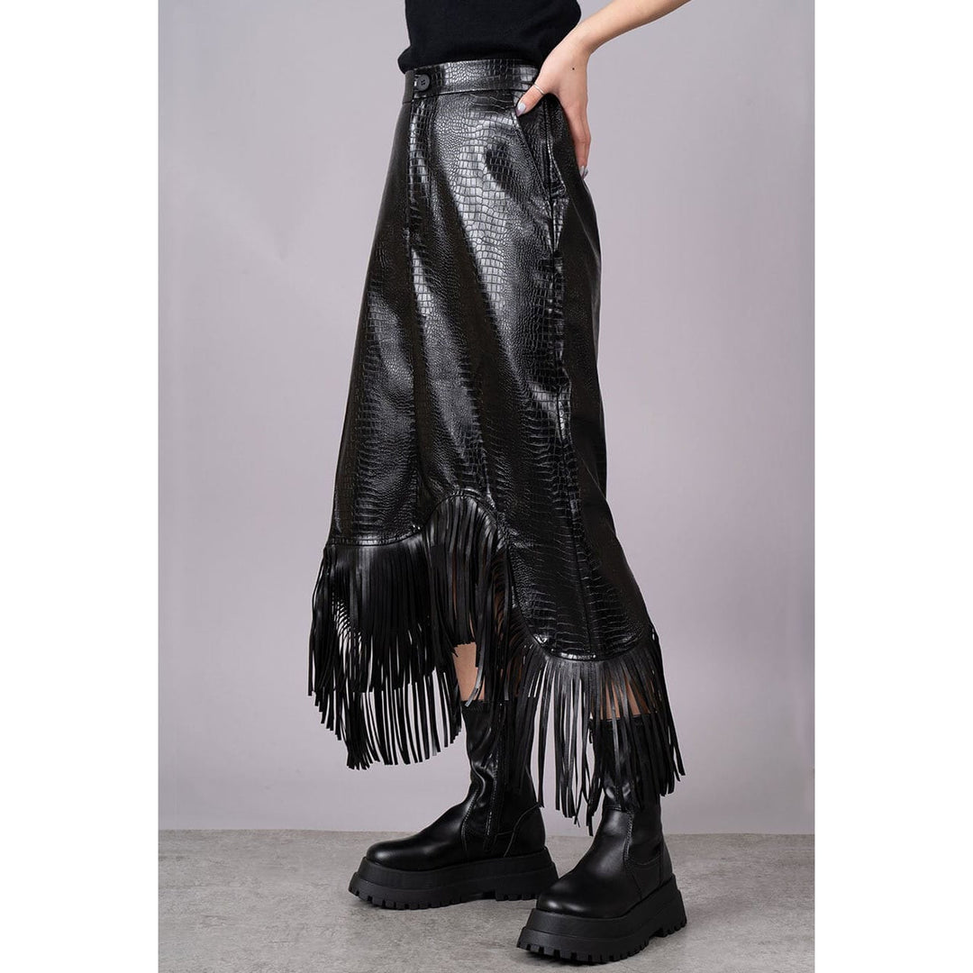 Embossed PU Leather Asymmetry Fringe Skirt