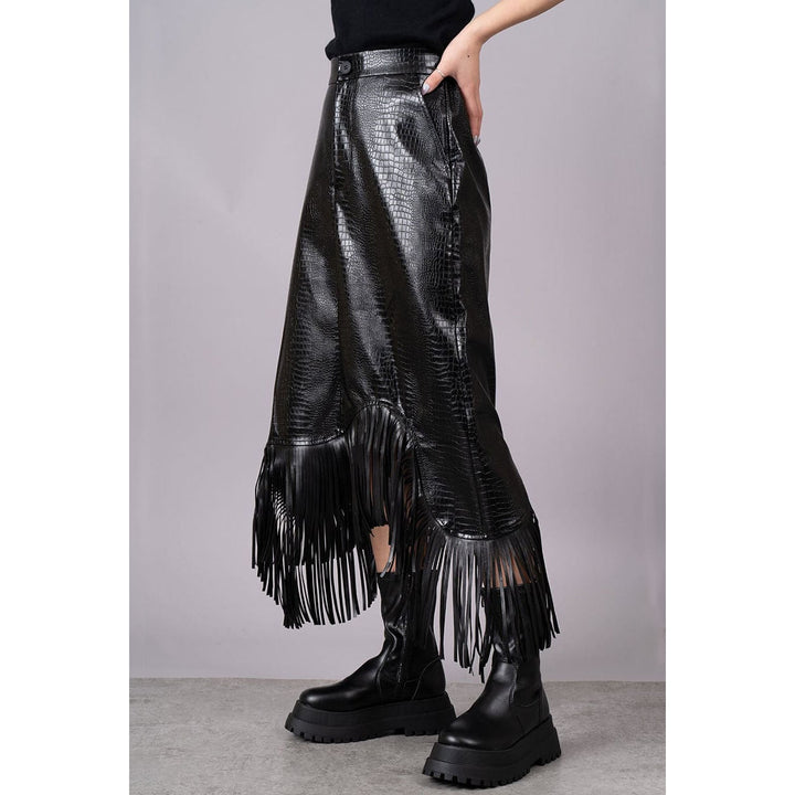 Embossed PU Leather Asymmetry Fringe Skirt