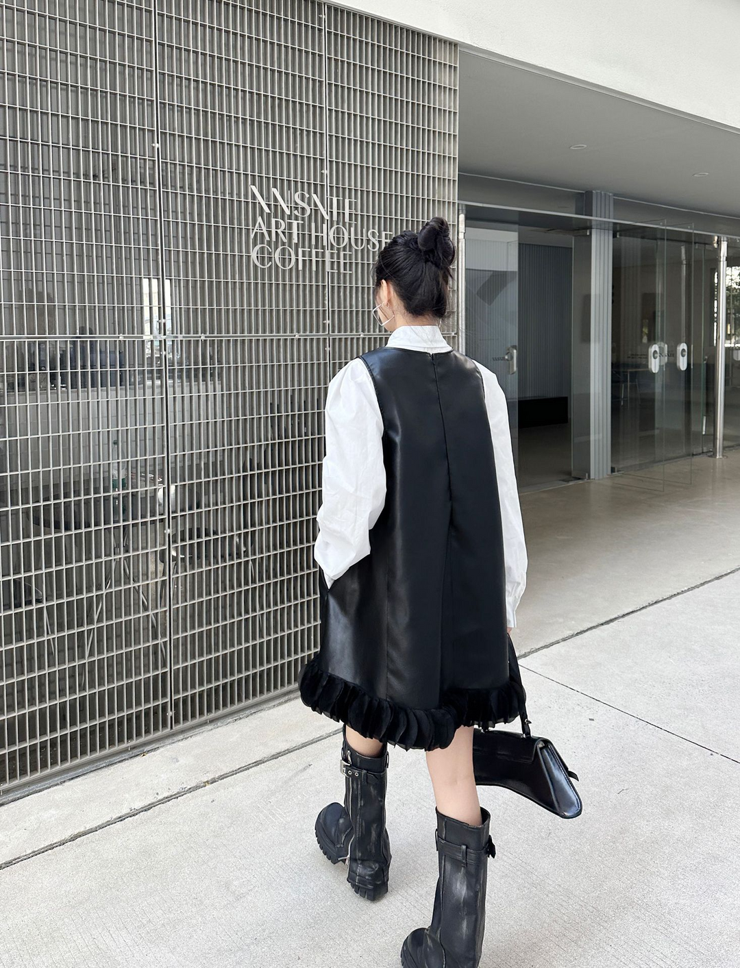 Puff sleeve collar shirt & PU leather v-neck onepiece