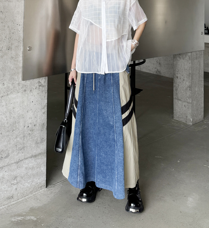 Contrast color stitching two line denim A-line skirt