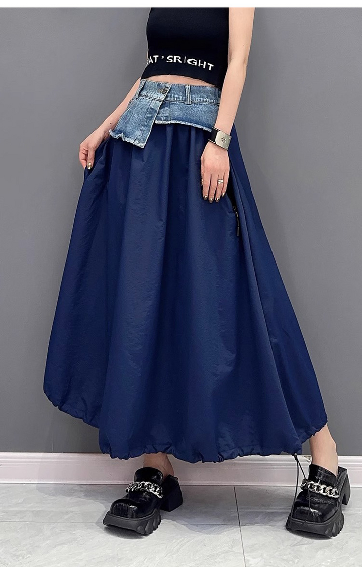 Contrast color switching denim flare skirt