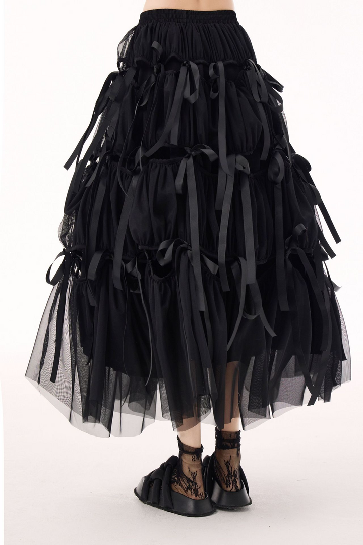 Ribbon stitching long flare gathered tulle skirt