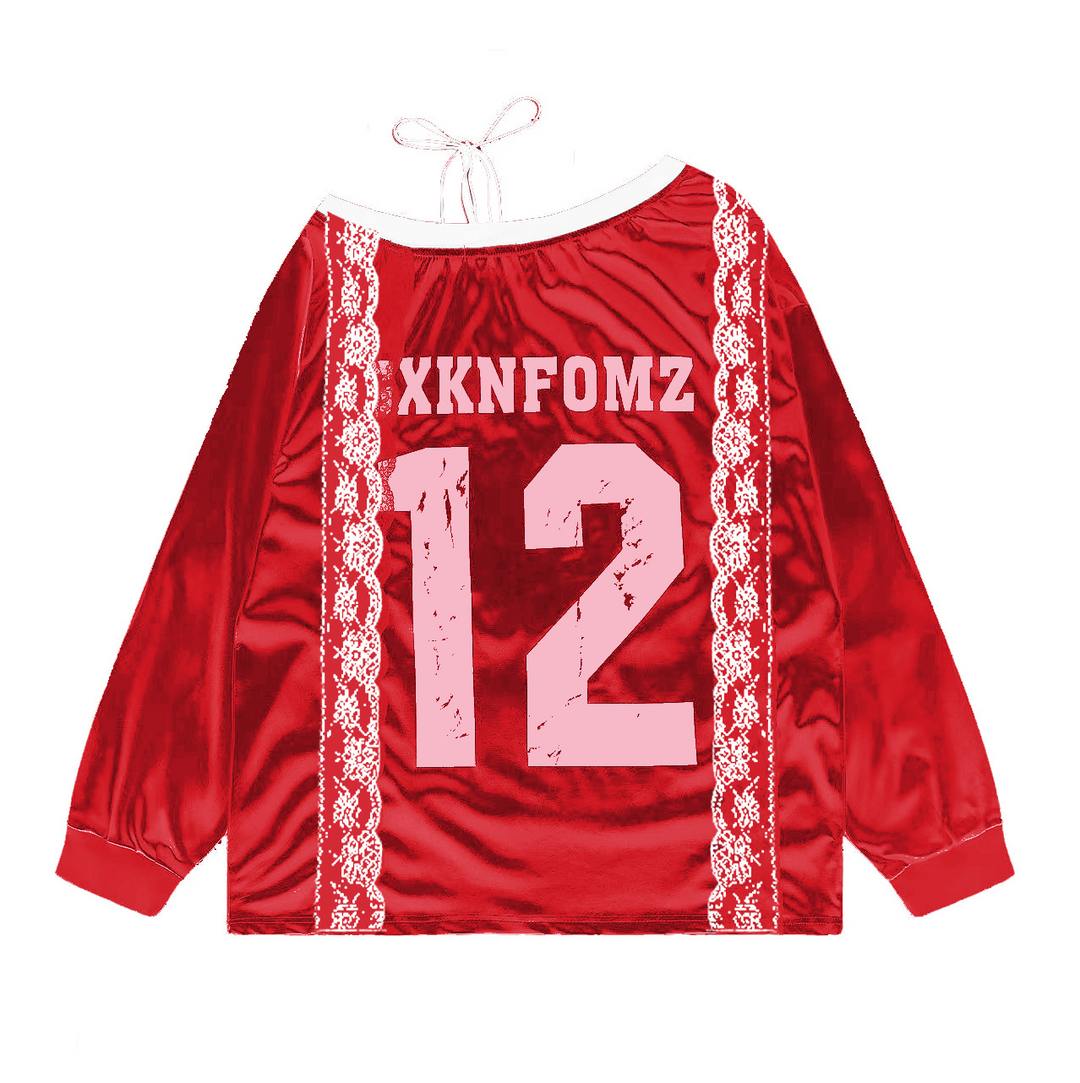 Numbering Lace Ribbon Long Sleeve Tops