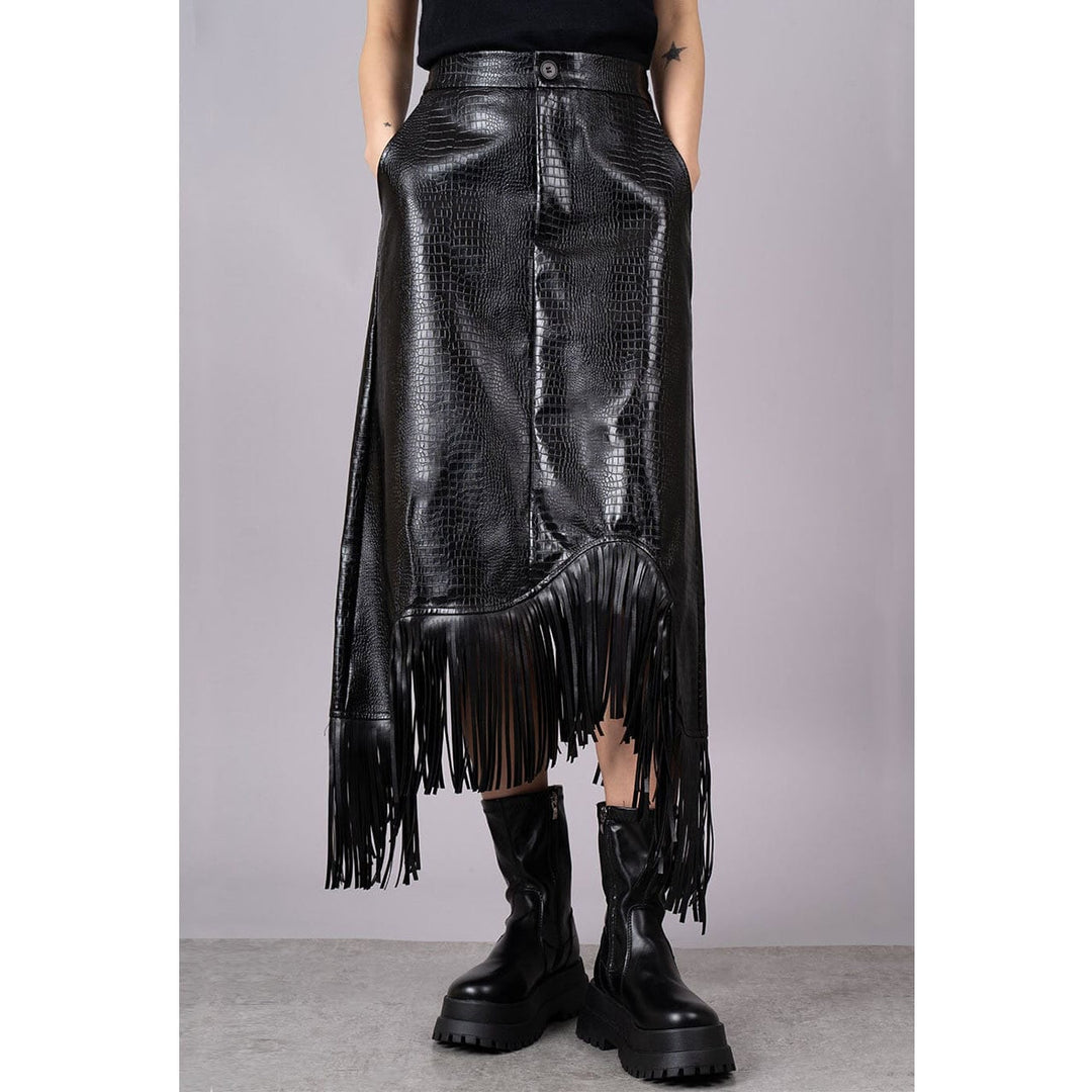 Embossed PU Leather Asymmetry Fringe Skirt