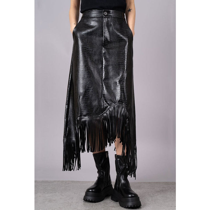 Embossed PU Leather Asymmetry Fringe Skirt